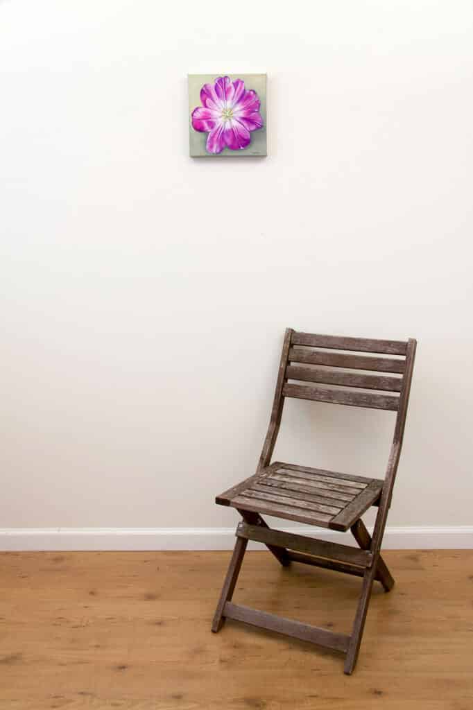 Unfolding Tulip - original painting - Spring Art Auction 2013, with chair