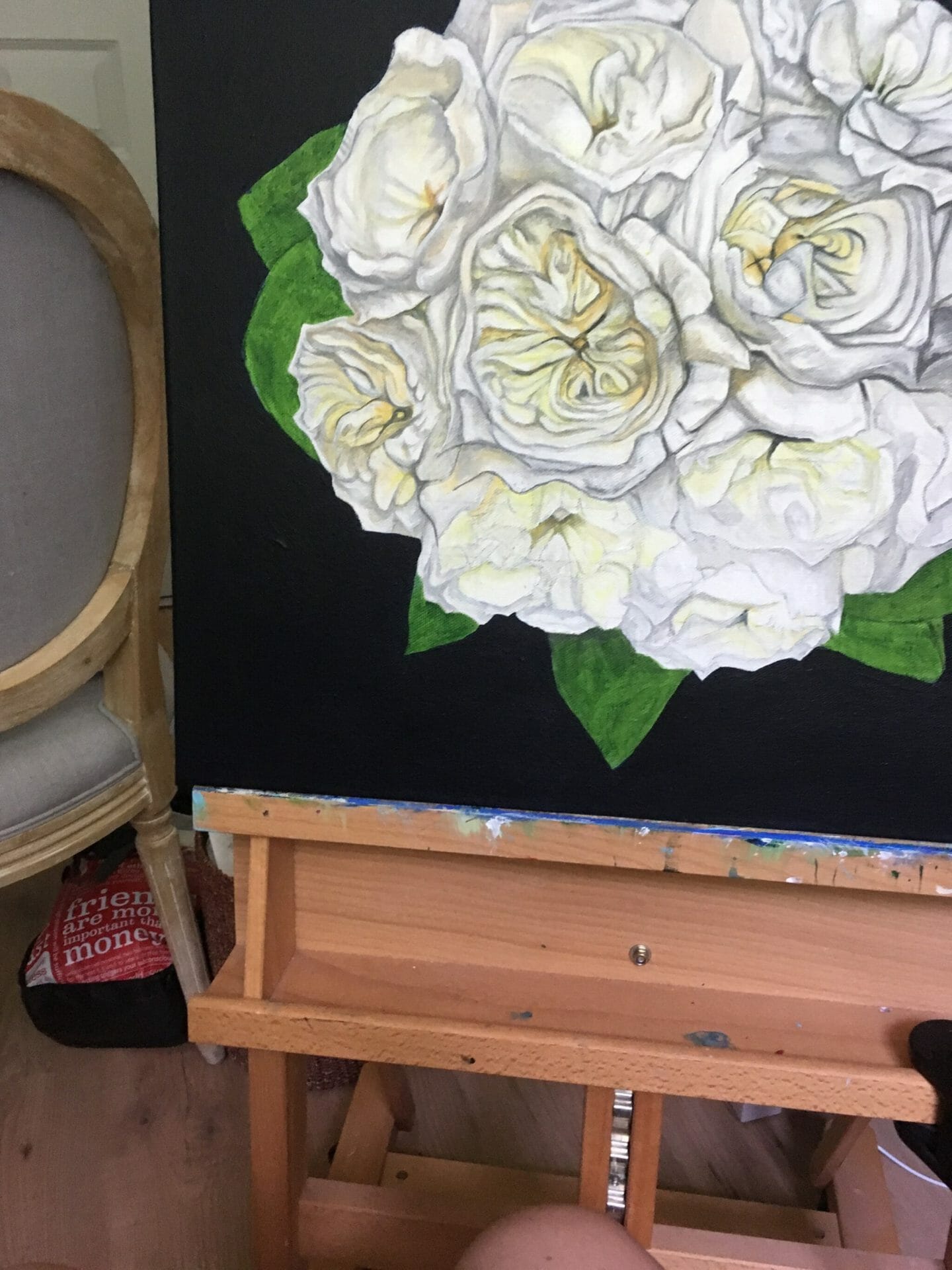 work in progress of an original bridal bouquet painting by Erica Eriksdotter